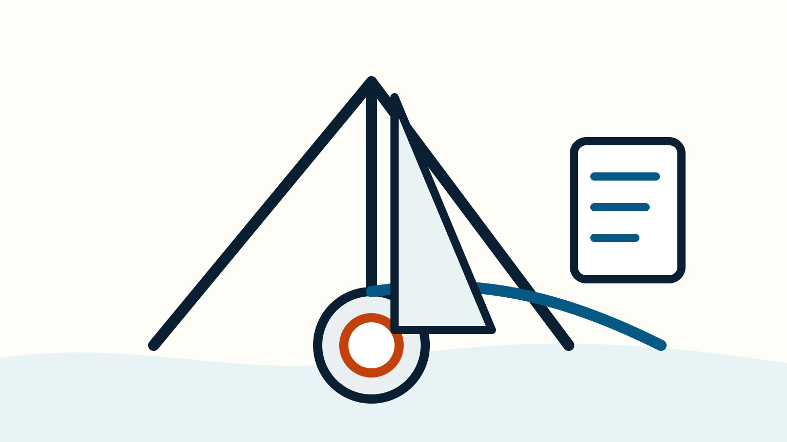 A pale furled headsail and round drum sit beside a lined blue record sheet