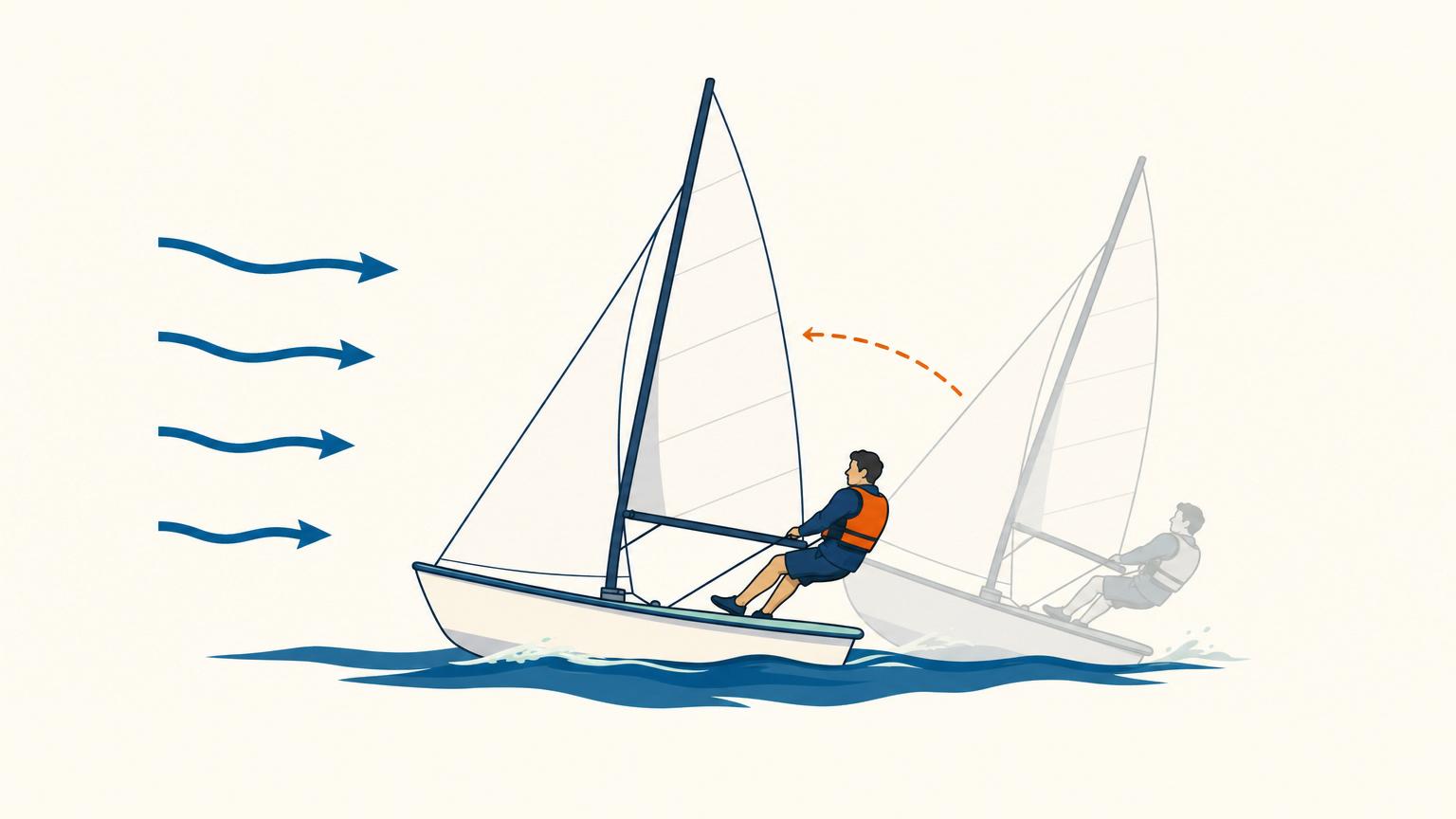 Sailor using body weight on the high windward rail to reduce a dinghy’s heel