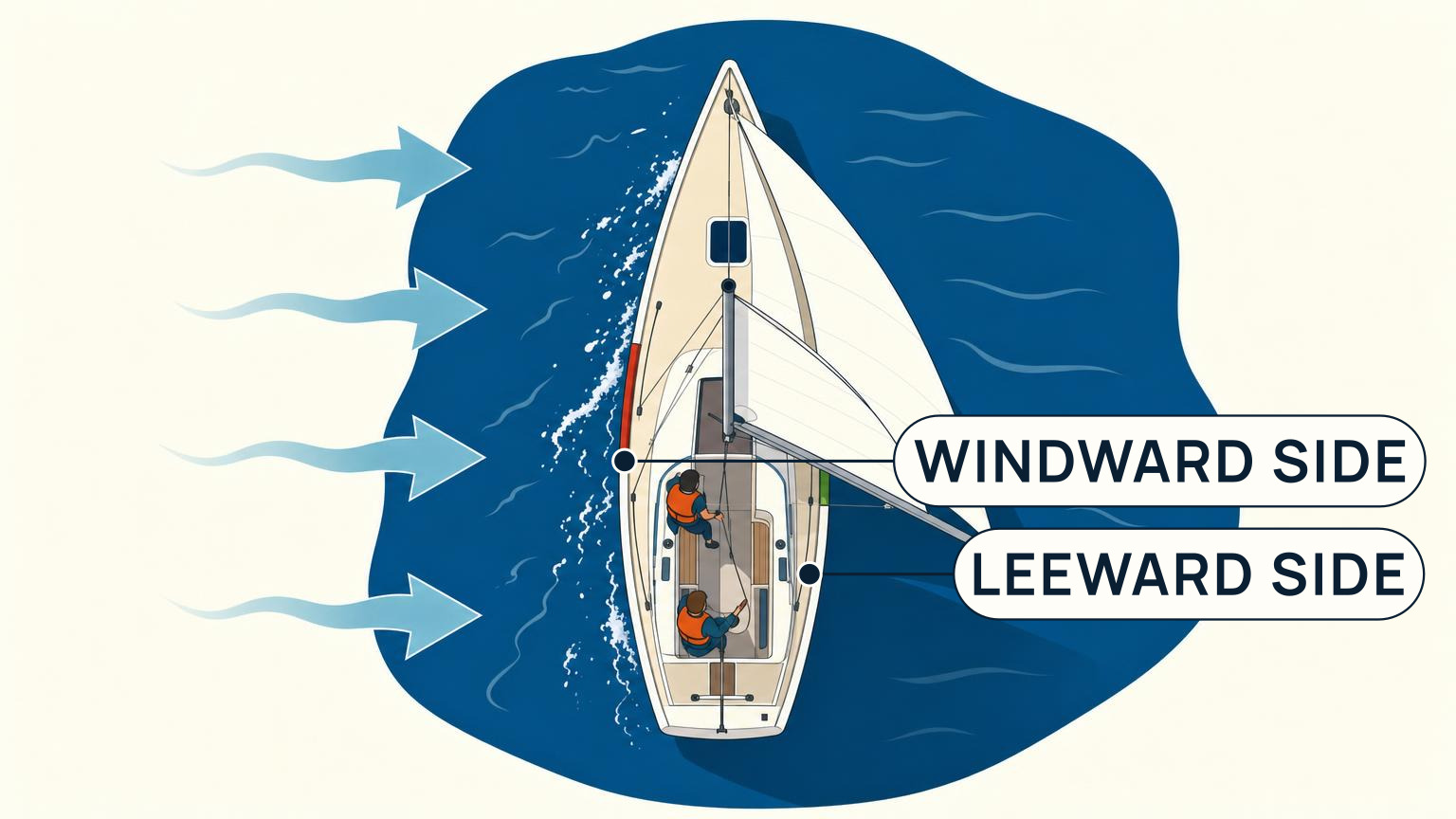 Top-down sailboat with wind striking the windward side and the boom extending over the sheltered leeward side