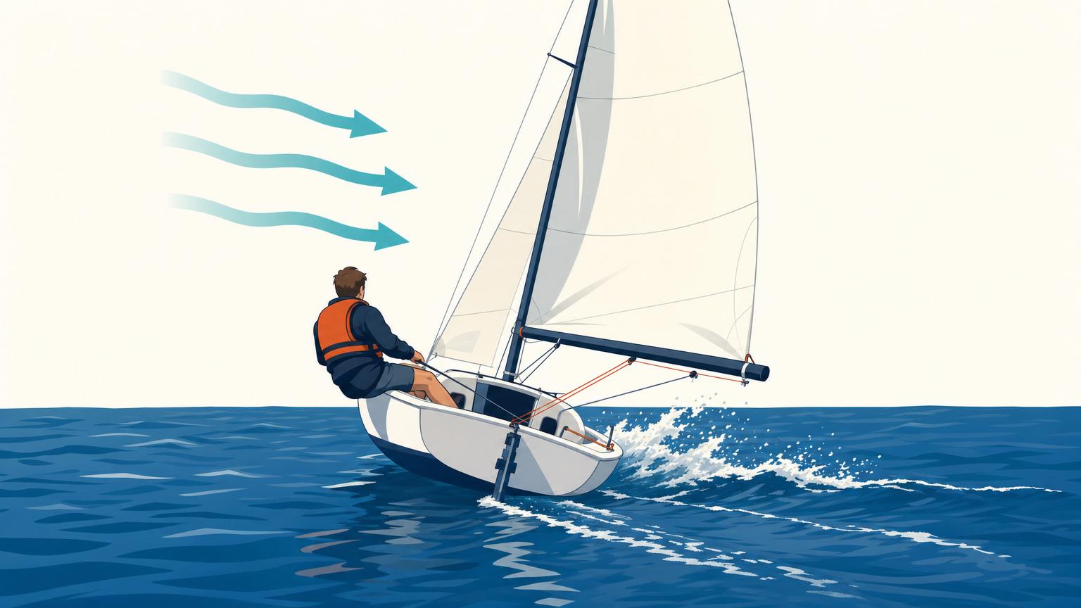 Heeling dinghy with its boom over the low leeward side and its windward rail raised toward the incoming wind