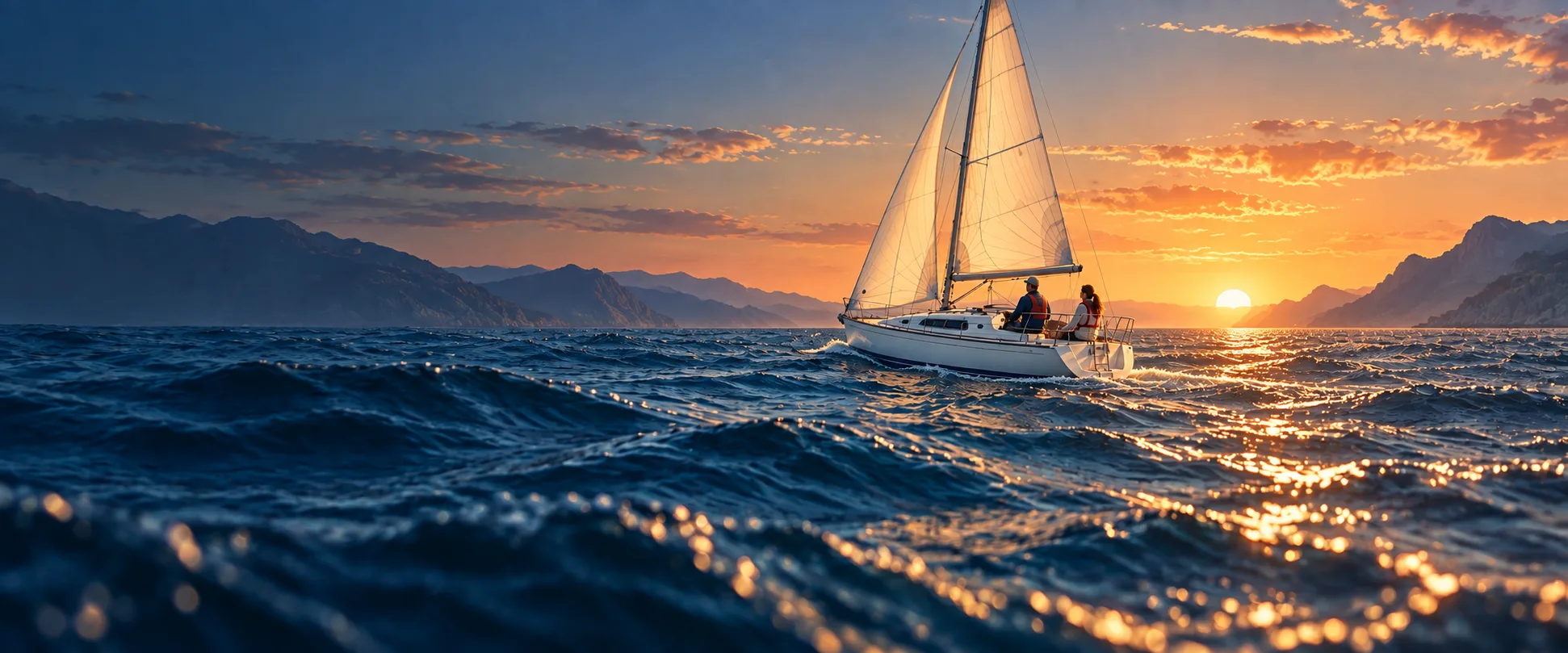 A sailboat on ocean water at sunset, with mountains on the horizon